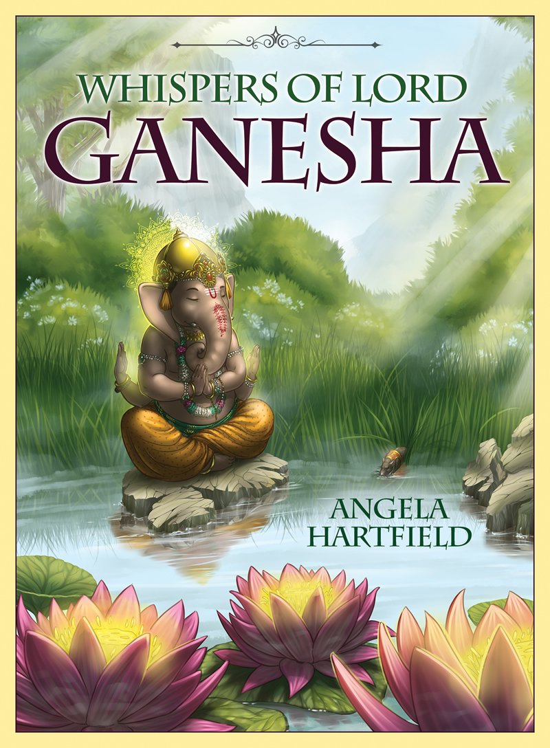 Book cover of 'Whispers of Lord Ganesha' with a statue of Ganesha on a rock by water, surrounded by lotus flowers.