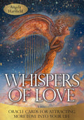 Book cover of 'Whispers of Love' with an angel playing a harp against a starry sky.