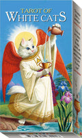 Card from the 'Tarot of White Cats' with a cat angel holding a chalice against a blue background.