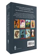 Back cover of a tarot card deck packaging with illustrations and text.