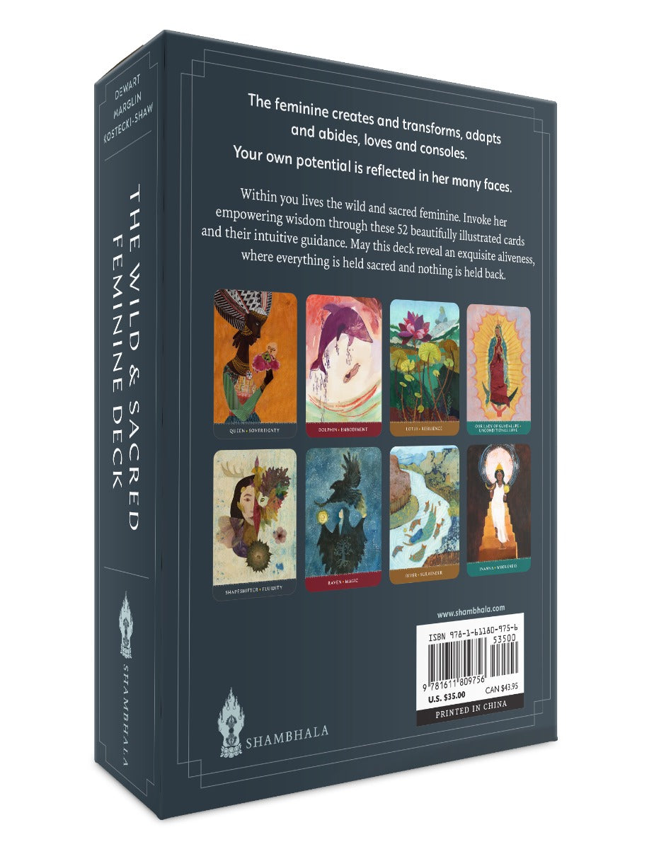 Back cover of a tarot card deck packaging with illustrations and text.