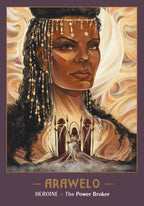 Artistic depiction of a woman with braided hair and a mystical background, featuring the brand 'Arawelo'.