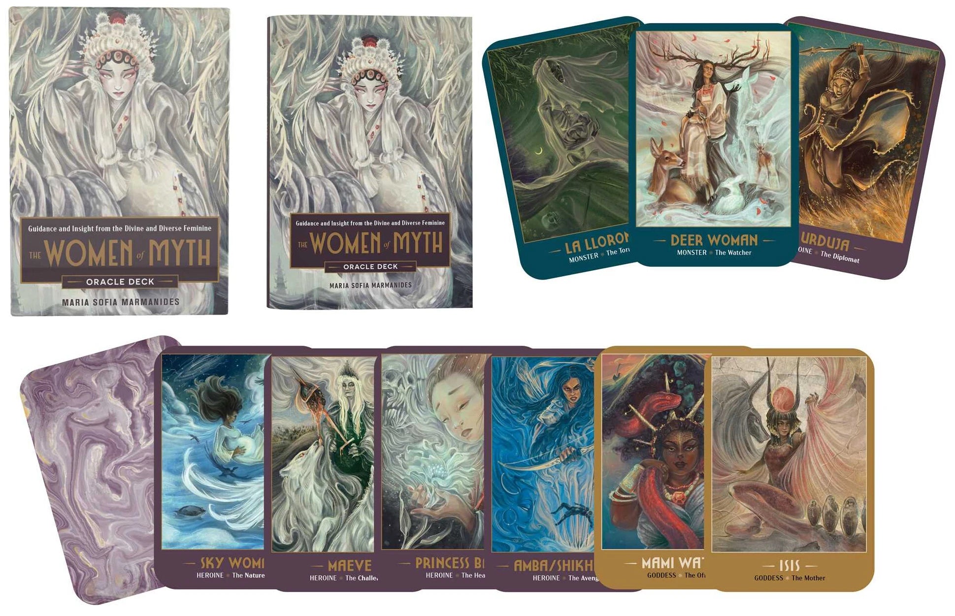 Collection of 'Women Myth' oracle cards with various illustrations on a white background.