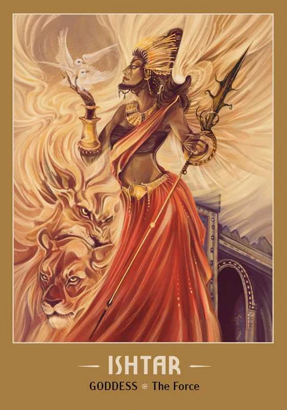 Illustration of Ishtar, a goddess, with a lion and a dove in a fantasy setting.