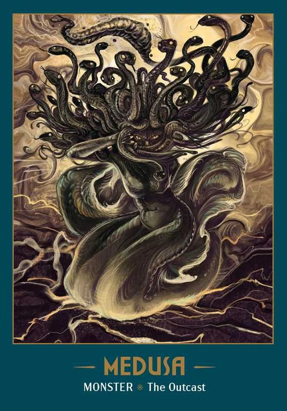 Artistic depiction of Medusa with snakes on a textured background, featuring the text 'Medusa Monster The Outcast'.