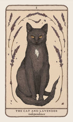Black cat illustration with lavender on a beige background