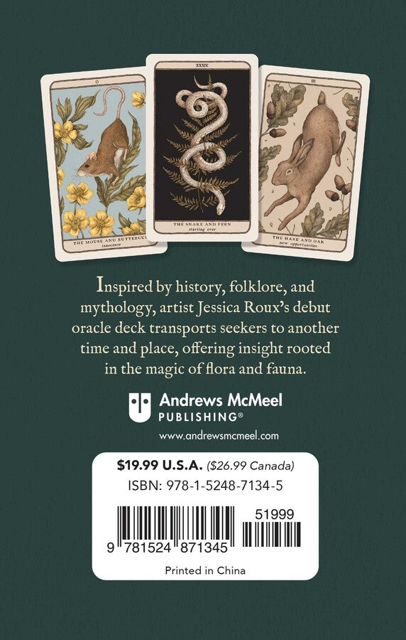 Back cover of a book with oracle cards and publishing information on a dark green background